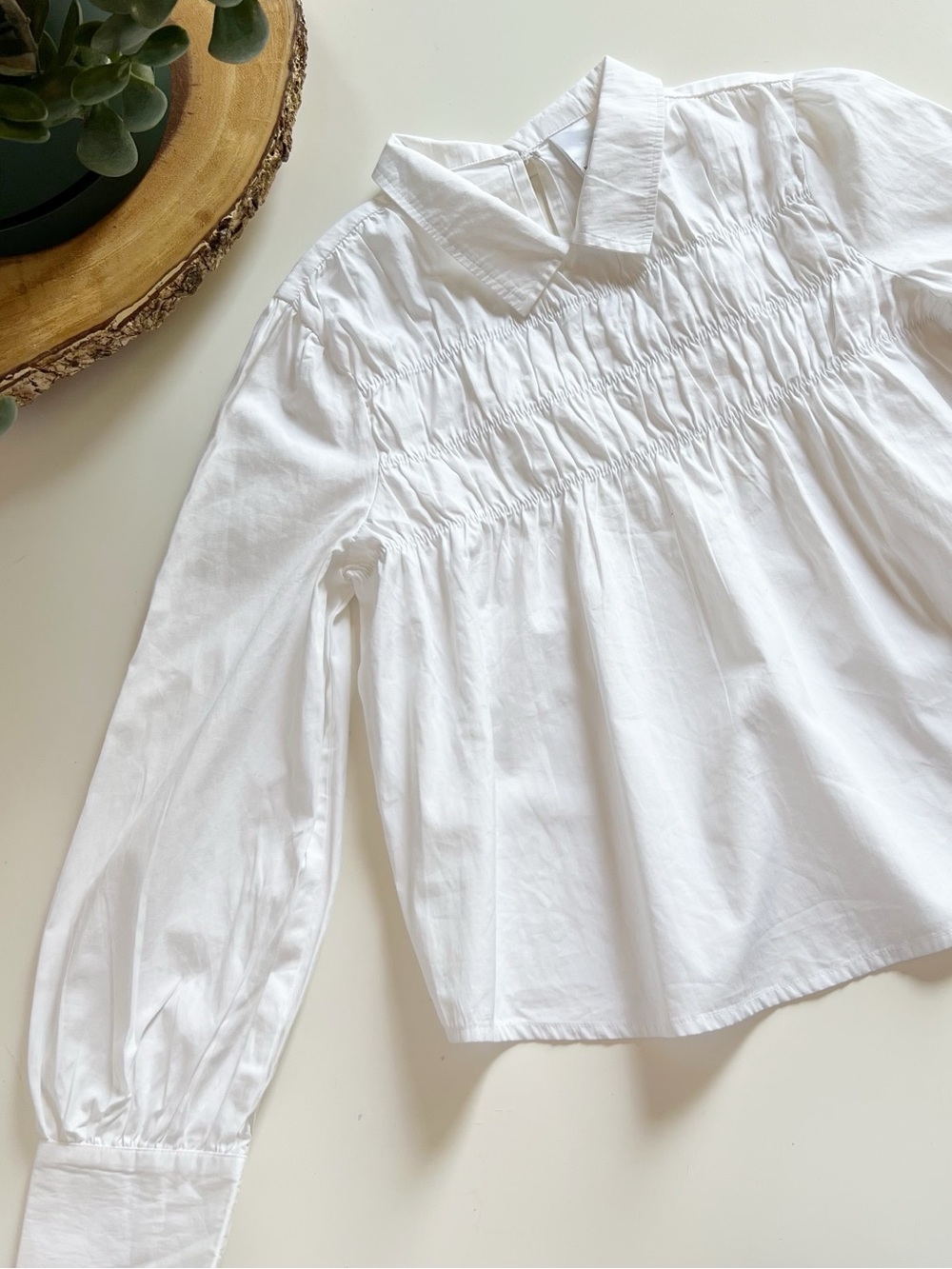 Nordstrom Kids Smocked White Long Sleeve Smocked Collared Blouse | Size 10